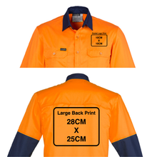 Load image into Gallery viewer, Mens Hi Vis Closed Front L/S Shirt SYZMIK (Orange/Navy) Printed