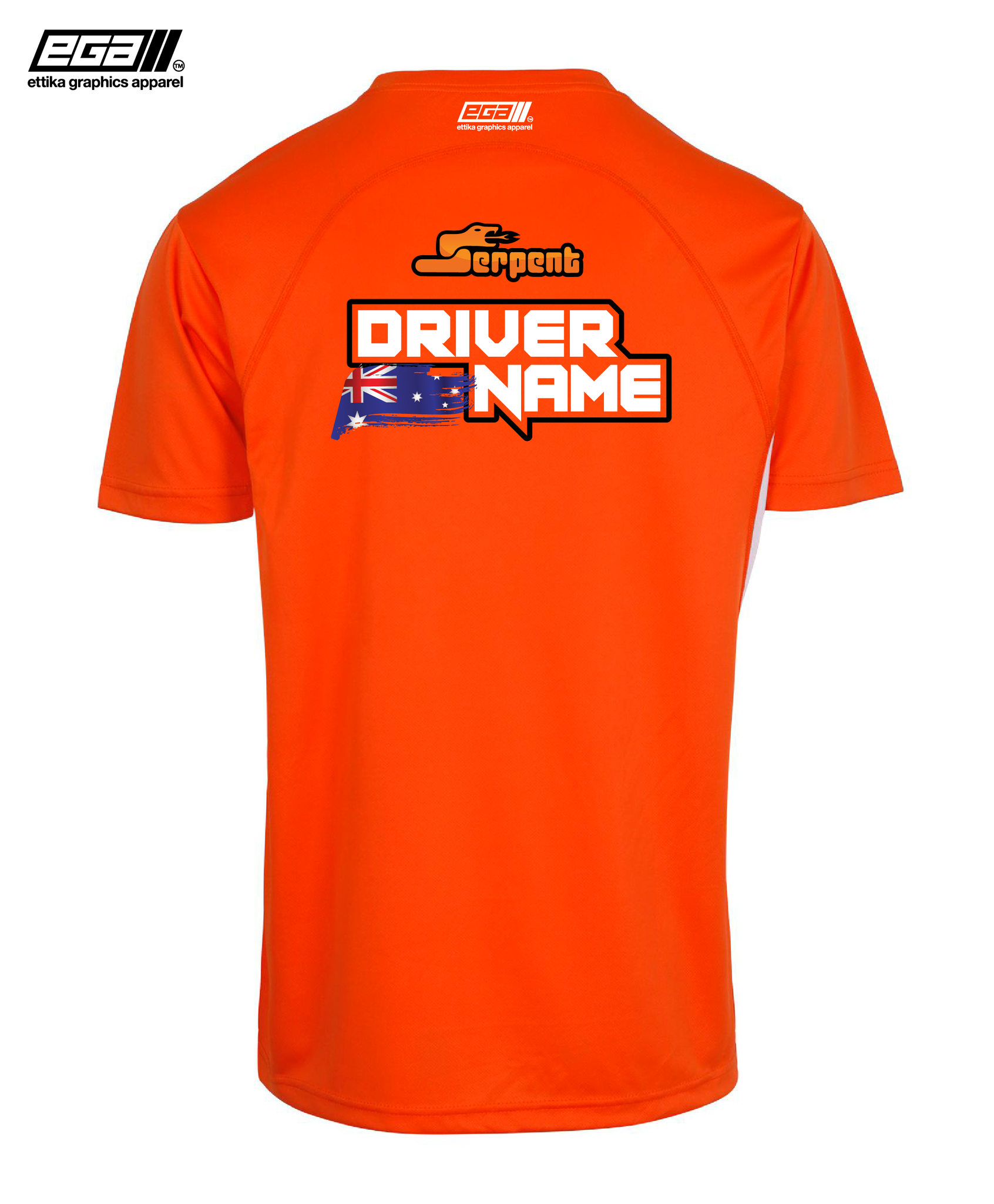 Serpent Sponsor Driver Name Performance Orange White T Shirt