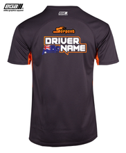 Load image into Gallery viewer, Serpent Sponsor/Driver Name Performance Charcoal/Orange T-Shirt - Cool Dry Fabric