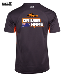 Serpent Sponsor/Driver Name Performance Charcoal/Orange T-Shirt - Cool Dry Fabric