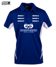 Load image into Gallery viewer, Shepherd Sponsor/Driver Name Performance Royal/White Polo - Cool Dry Fabric