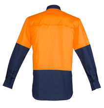 Load image into Gallery viewer, Mens Hi Vis Closed Front L/S Shirt SYZMIK (Orange/Navy) Printed