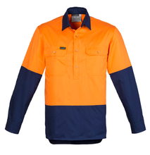 Load image into Gallery viewer, Mens Hi Vis Closed Front L/S Shirt SYZMIK (Orange/Navy) Printed