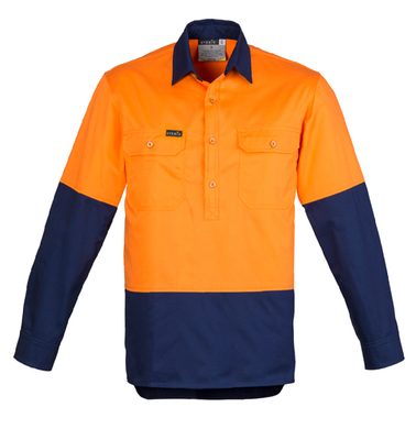 Mens Hi Vis Closed Front L/S Shirt SYZMIK (Orange/Navy) Printed