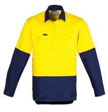 Load image into Gallery viewer, Mens Hi Vis Closed Front L/S Shirt SYZMIK (Yellow/Navy) Printed